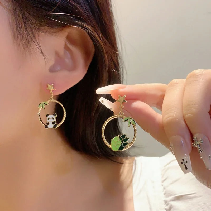 Bamboo Panda Pearl Tassel Earrings for Women Girls Cute Asymmetric Plant Potted Cactus Drop Earrings Jewelry Gift