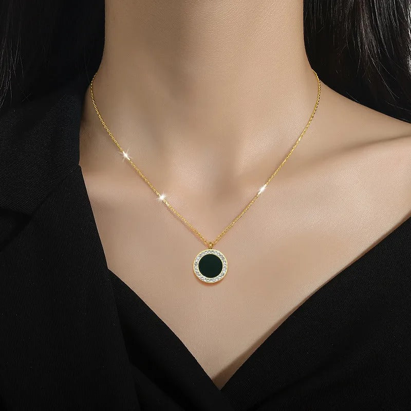 316L Stainless Steel Round Black Stone Pendant Necklace For Women Girl New Fashion Clavicle Chain Jewelry Gift Party