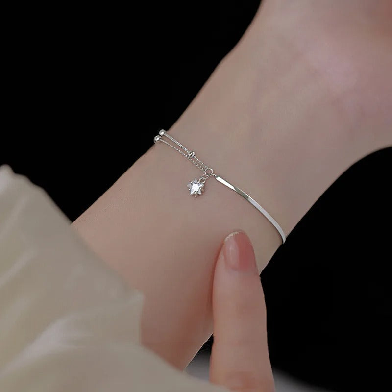 925 Sterling Silver Zircon Star Pendant Bracelet Women Girls