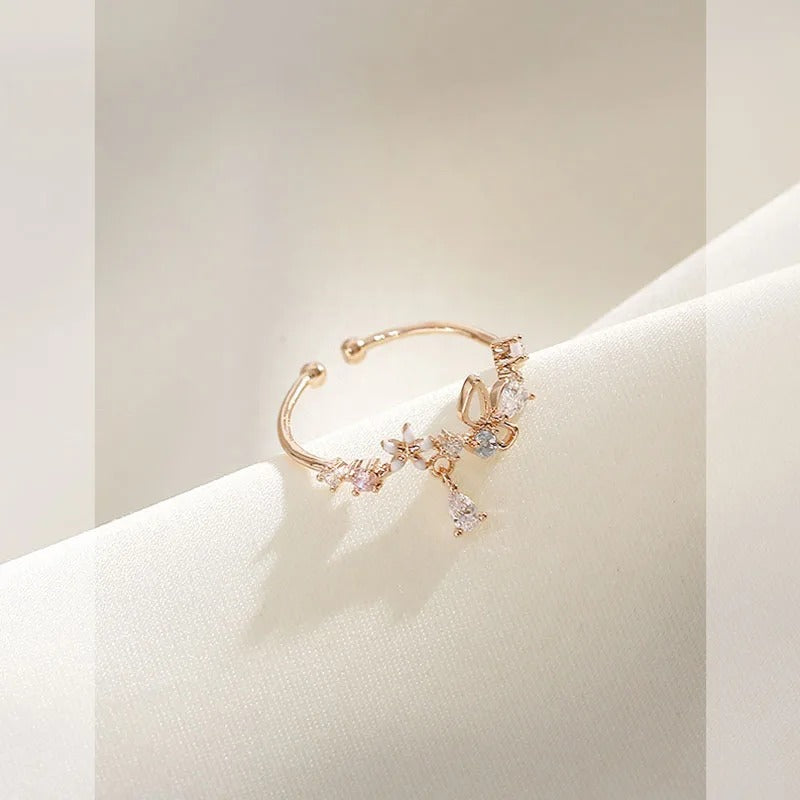 Adjustable Zircon Flower Bow Ring for Women Princess Jewelry Gift