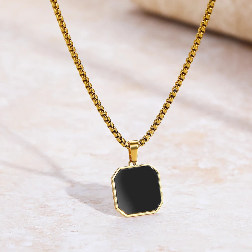 Stainless Steel Black Geometric Square Pendant Necklace Men And Women Design Sense Temperament Sweater Chain Jewelry