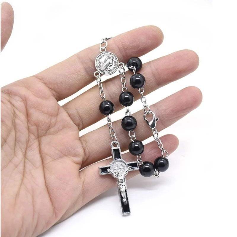 Exquisite Rosary Cross Bracelet Black Glass Beads Catholic Jewelry