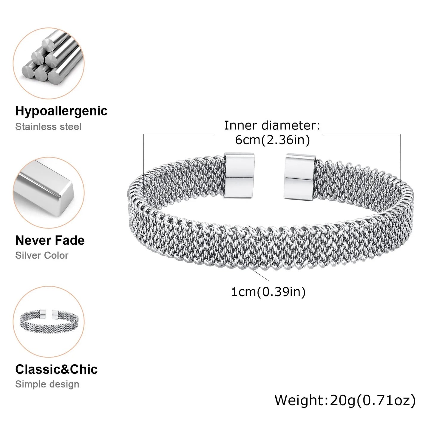 Vnox 10mm Woven Mesh Stainless Steel Open Bangle for Men Women,Vintage Adjustable Cuff Bracelets
