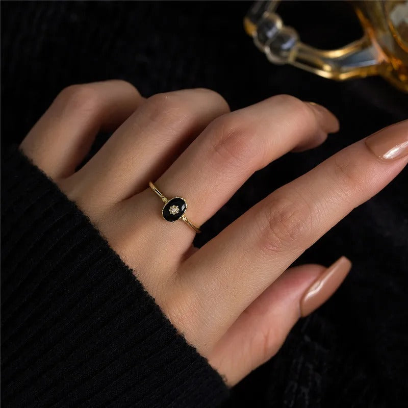 Real 925 Sterling Silver 18k Gold Plating Synthetic black agate Open Ring For Women vintage Light Luxury Fine Jewelry
