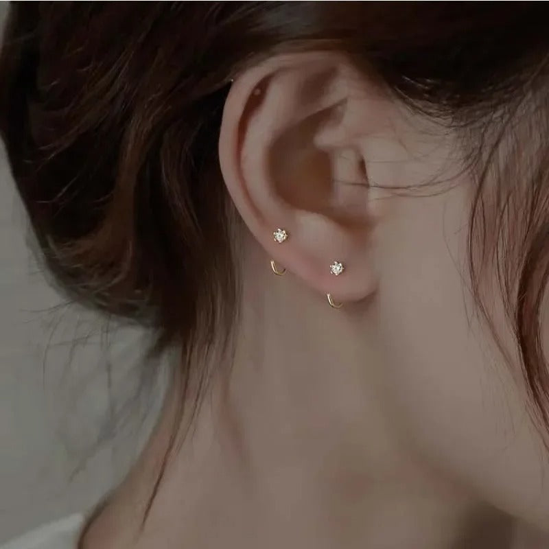 Exquisite Round Zircon Earrings for Women Men, Simple Silver Color Mini Square Heart Ear Bone Piercing Jewelry Gift