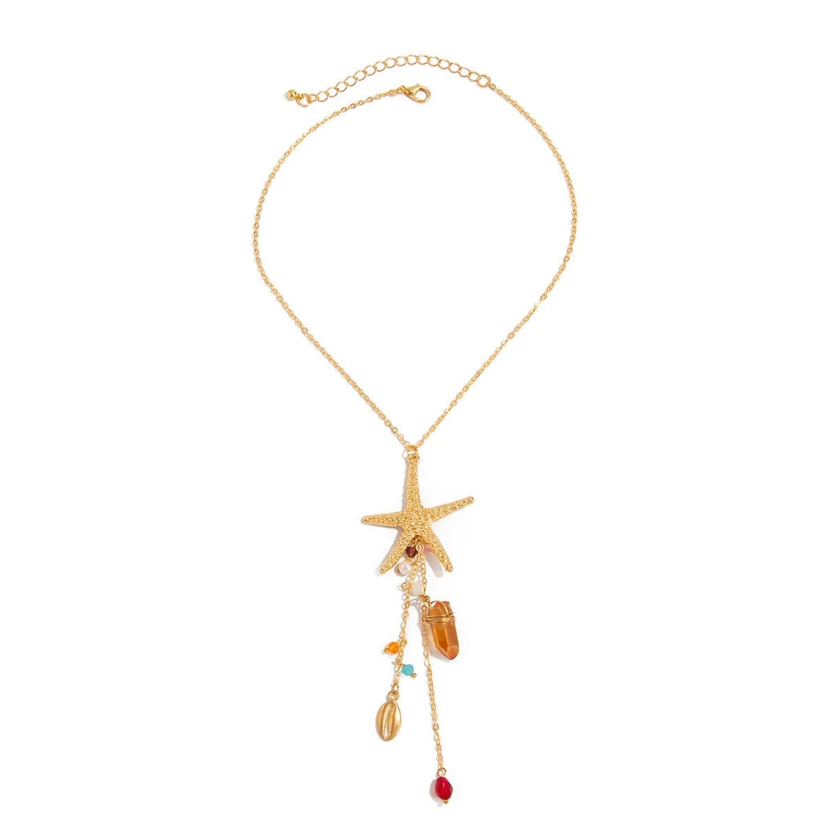 Ingemark Bohemia Starfish Scallop Crystal Long Tassel Pendant Necklace For Women Summer Beach Vacation Charm Jewelry Accessories