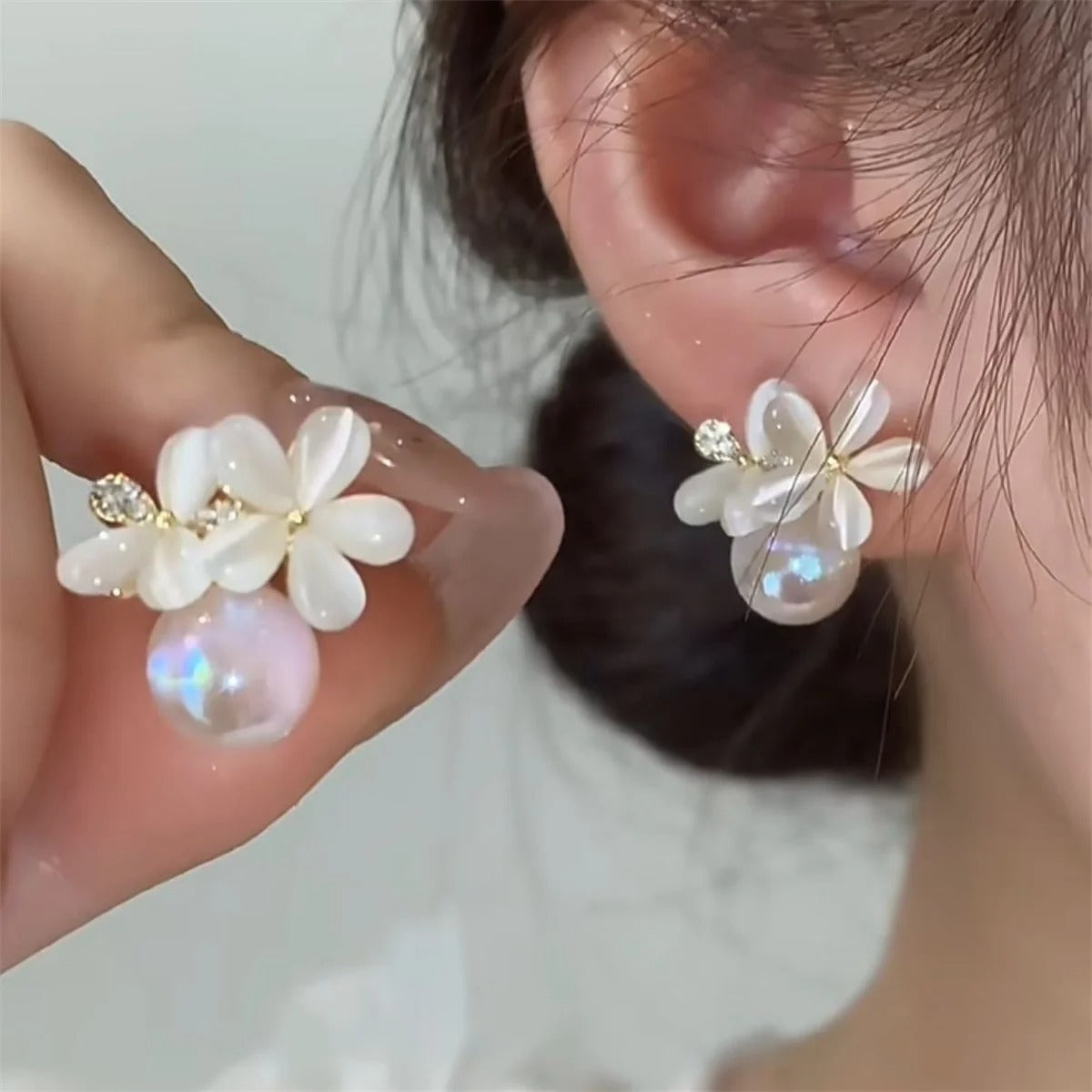 Opal Flower Stud Earrings with Crystal & Pearl for Women