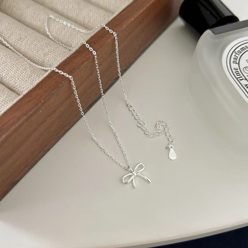 925 Sterling Silver Cute Bowknot Pendant Necklace For Women Girl Charm Chain Fashion Jewelry Accessories