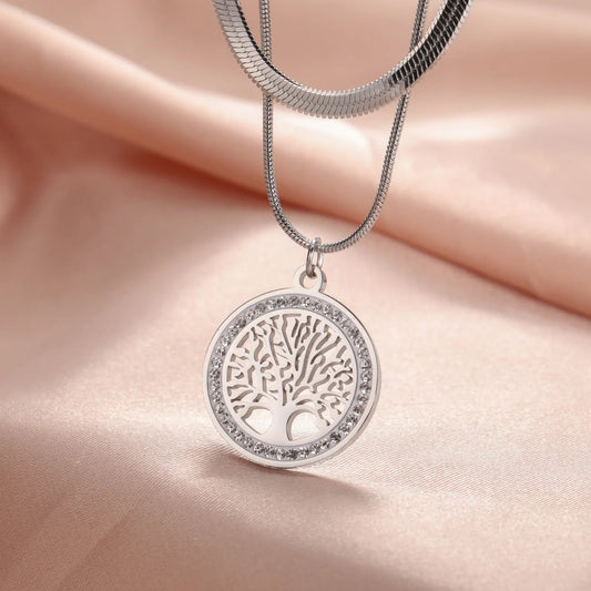 Tree Of Life Rhinestone Pendant Necklace For Women Jewish Religious Symbol Stainless Steel Necklace Party Jewelry Gift