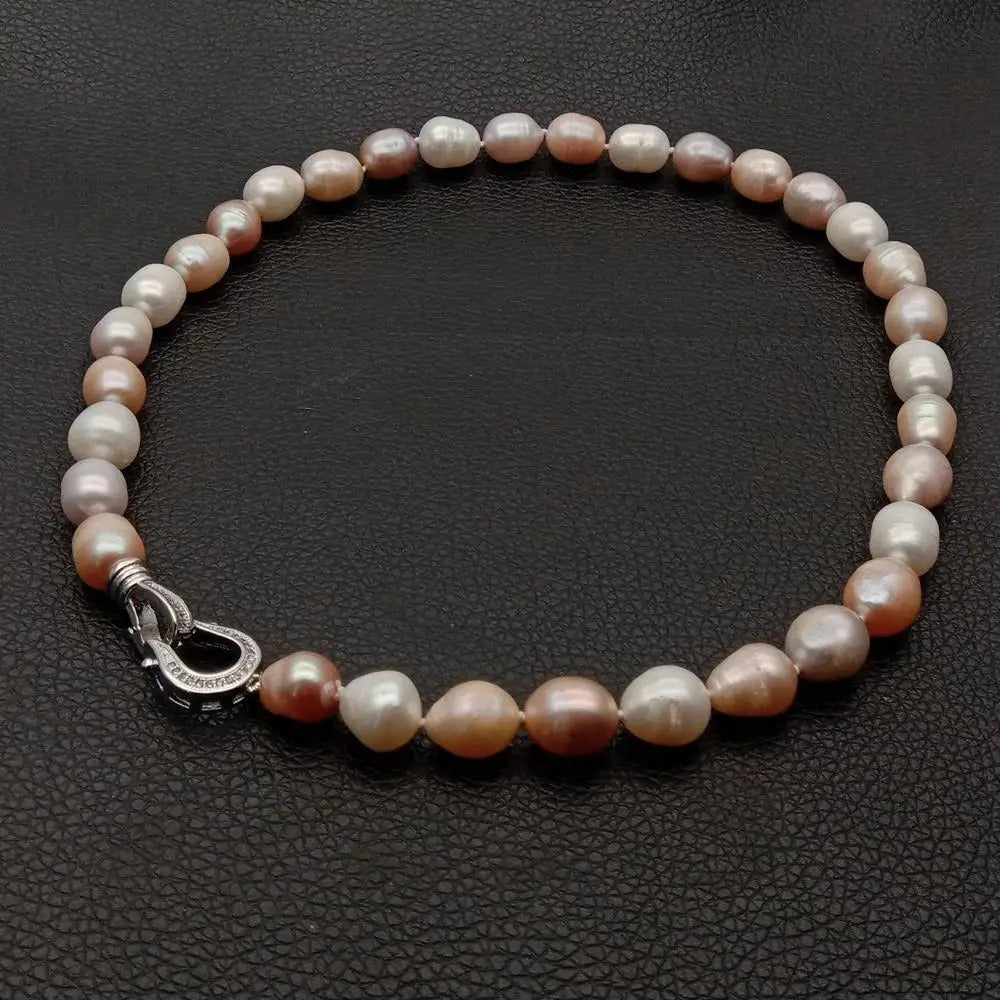 natural Freshwater Pearl Pink Purple White Rice Mixed Color Pearl Choker Necklace cz pave clasp For Women Girl Jewelry Gift