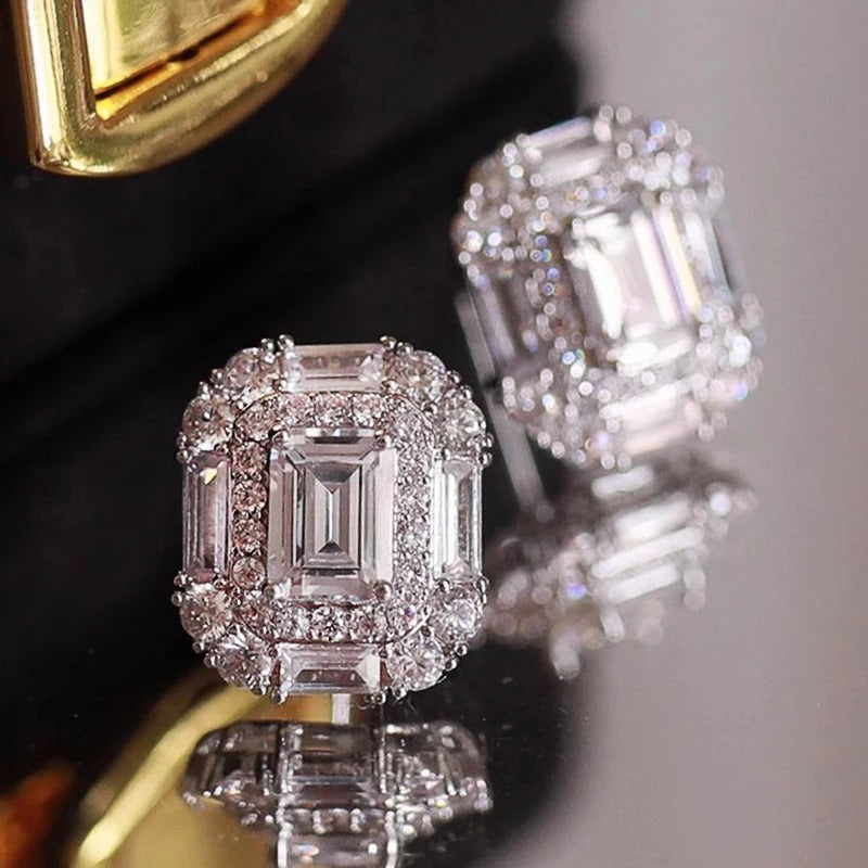 Luxury Geometric CZ Crystal Stud Earrings for Women Bridal Jewelry