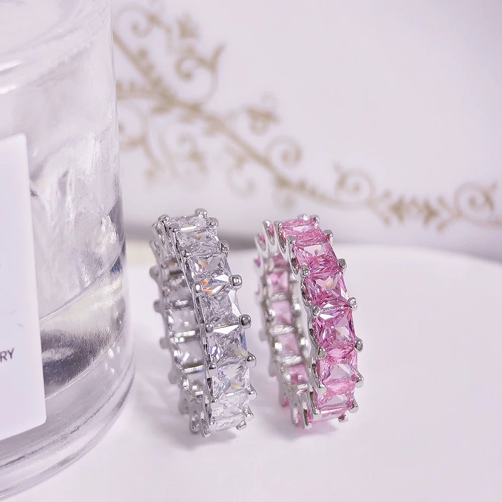 Luxury Pink Silver Color Aesthetic Wedding Band Eternity Ring for Women Gift Finger Lots Jewelry R4816
