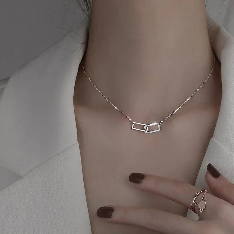 New 925 Sterling Silver Geometric Necklace Shiny Rectangle Pendant Set with Cubic Zirconia Necklace for Girls Fine Jewelry