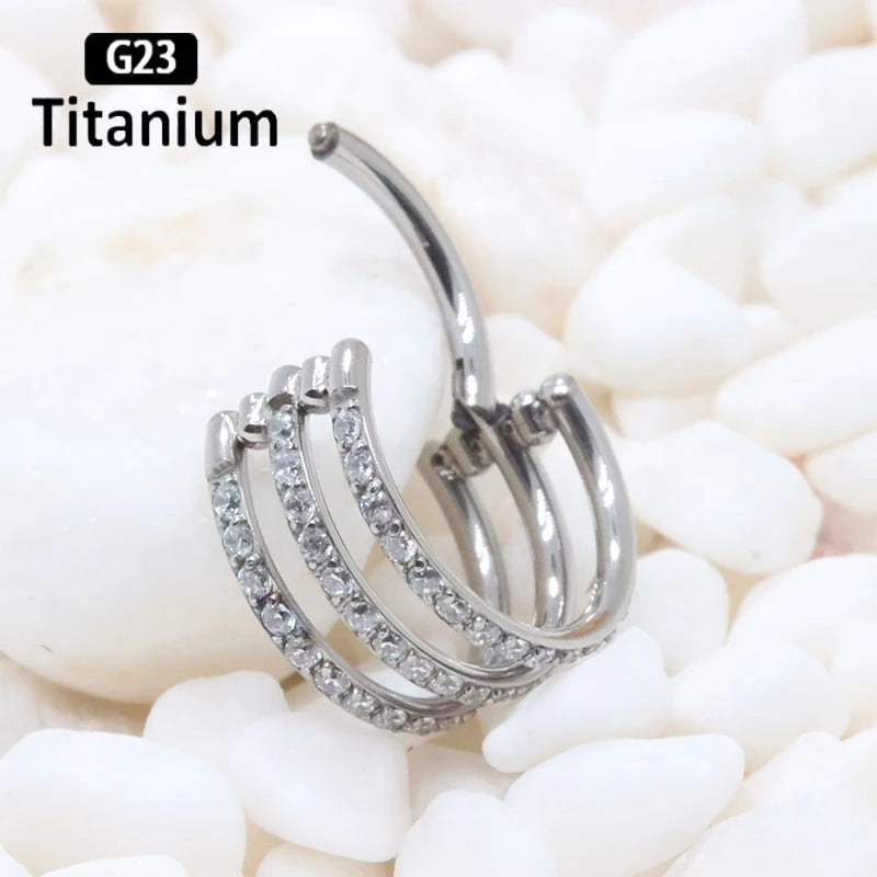 G23 Titanium 3-Row Zircon Hoop Clicker Nose Septum Tragus Helix Cartilage Lip Piercing Jewelry.