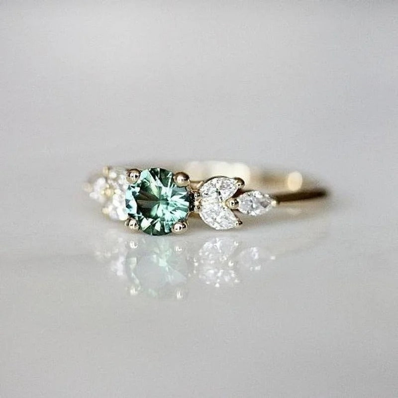 Classic Gold Color Ring for Women Gorgeous Metal Green Inlaid Stones Flower Engagement Wedding Ring Jewelry