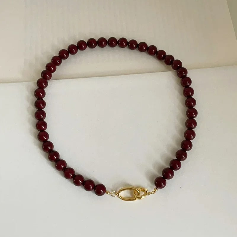 French Dark Red Agate choker Necklace for Women Double Toggle Clasp Circle Choker