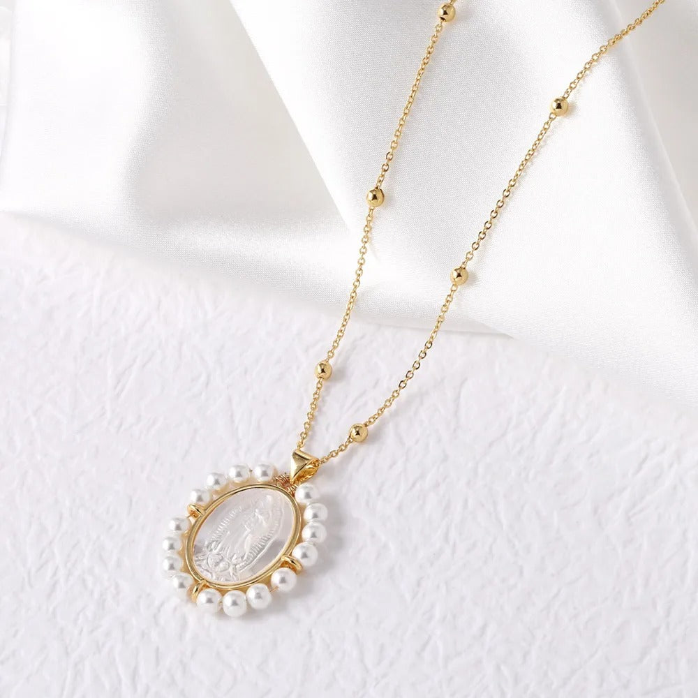 White Pearl Virgin Mary Necklace Gold Plated for Women