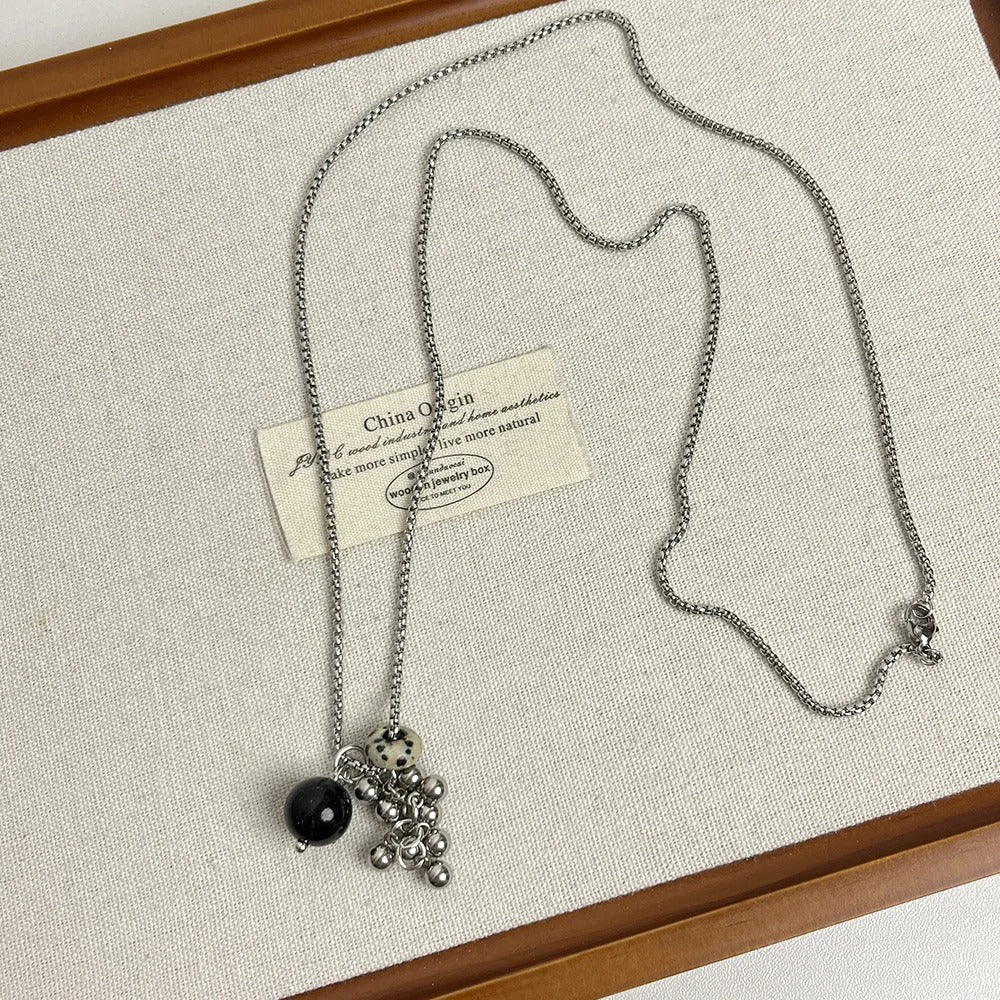 Spotted Tiger Eye Stone Grape String Ball Design Pendant Long Versatile Clavicle Chain Necklace for Women Exquisite Accessories