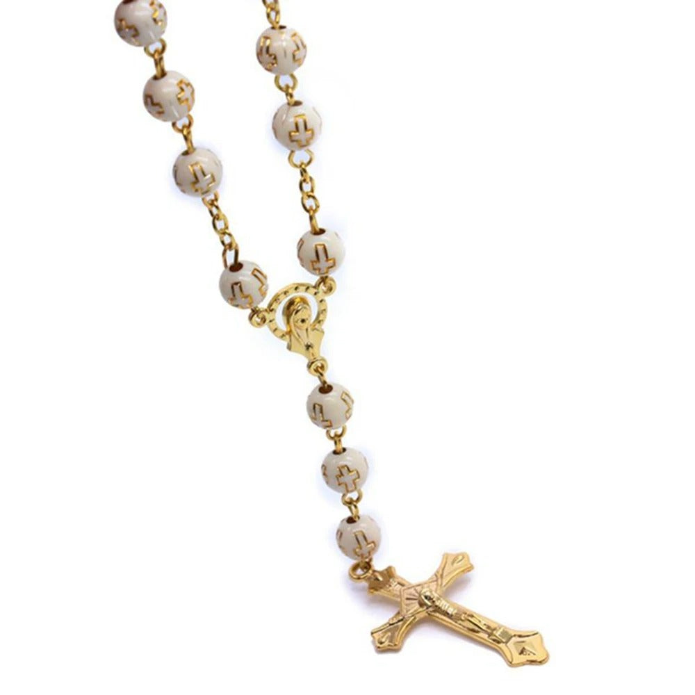Beige Car Rosary Beaded Bracelet Cross Pendant for Men & Women