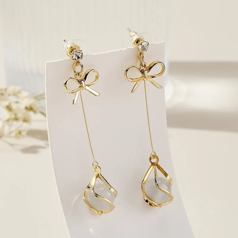 Round Opal Bead Dangle Earrings Women Bow Knot Rhinestone Jewelry