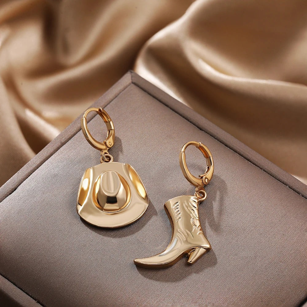 Punk Western Cowboy Hat & Boot Earrings Gold Plated Asymmetric Hoop Charms for Unisex Rock Style