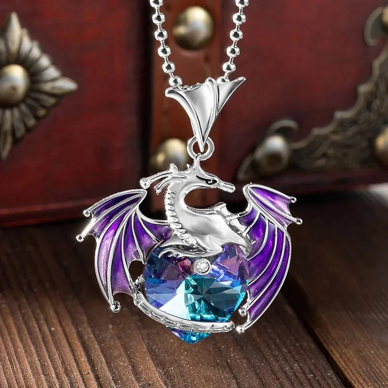Fantasy Design Colorful Crystal Dragon Pendant Necklace for Women Blue Purple Dragon Necklace Cute Dragon AnimalJewelry Gift