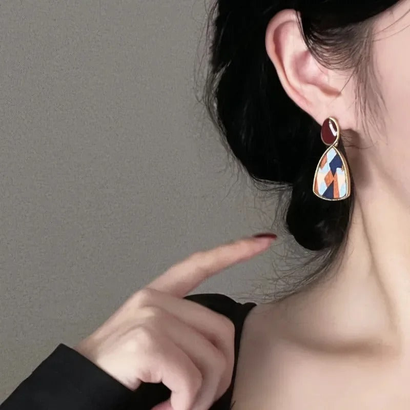 Red Retro Stud Earrings for Women Korean Pearl Flower Heart Shape Geometric Earring High Sense Jewelry