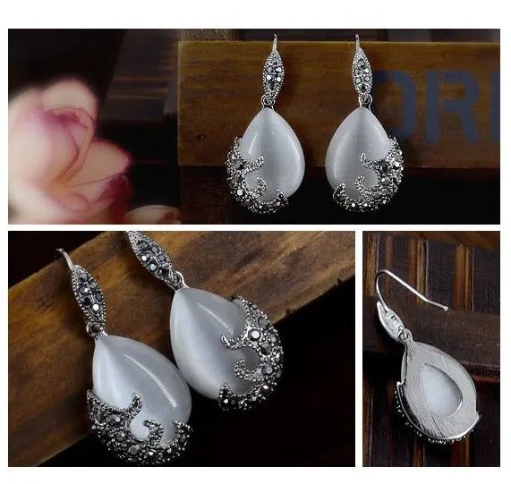 Vintage 925 Sterling Silver Jewelry Sets For Women Fashion Water Drop Shape Cat Eye Stone Pendants Necklace Earring Set