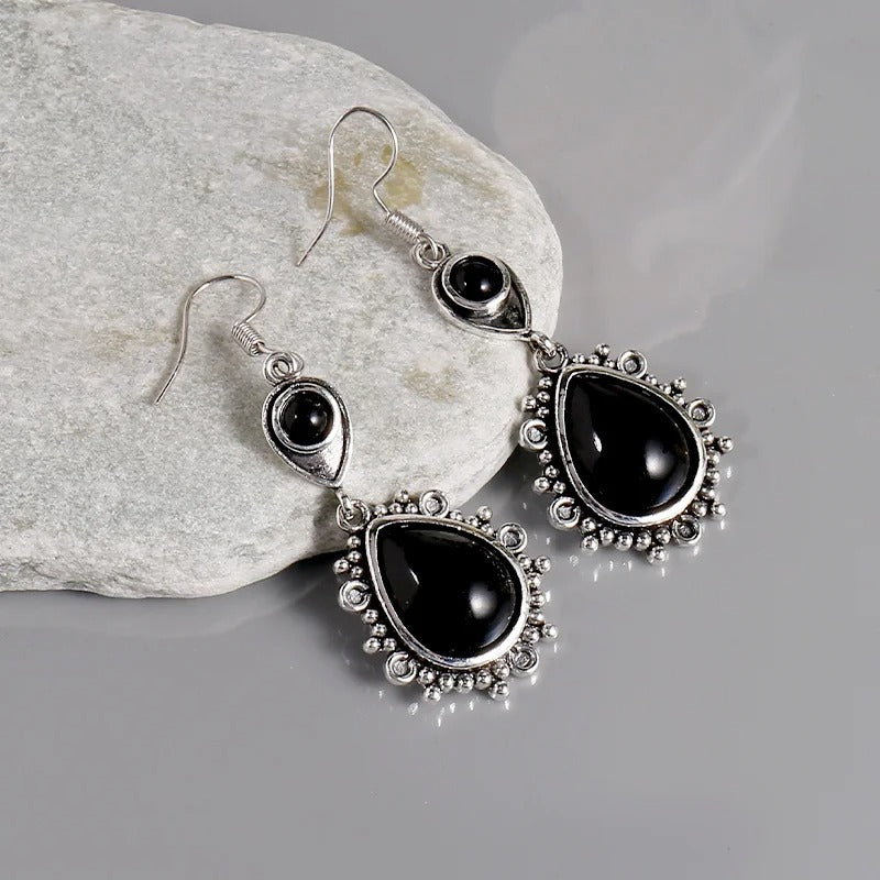 Vintage Black Stone Drop Earring Jewelry Triangle Hollow Ear Jewelry For Women Girls