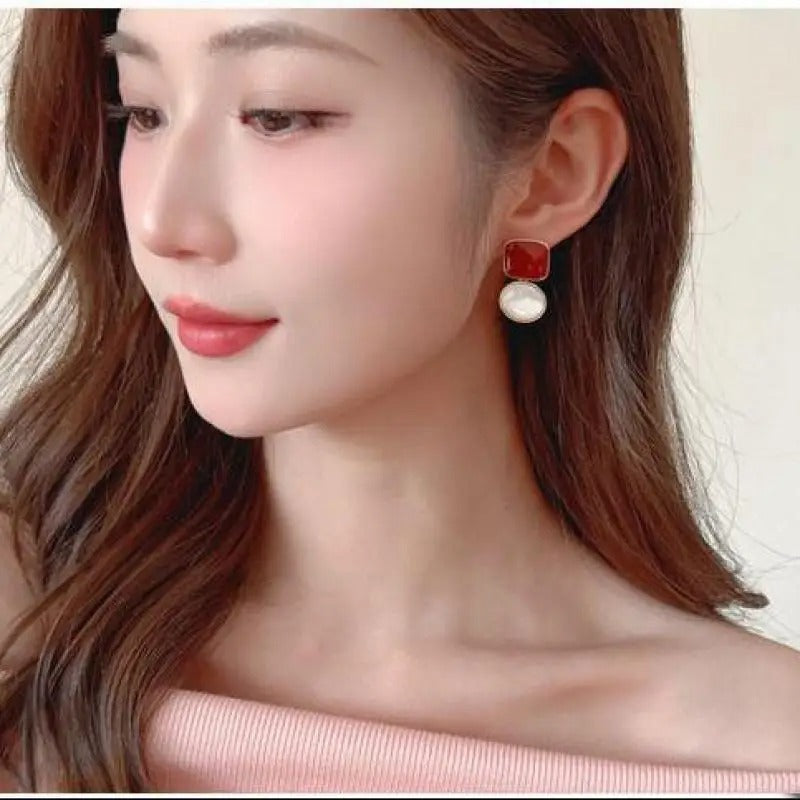 Vintage Square Earrings 925 Silver Red Blue Korean Fashion Jewelry