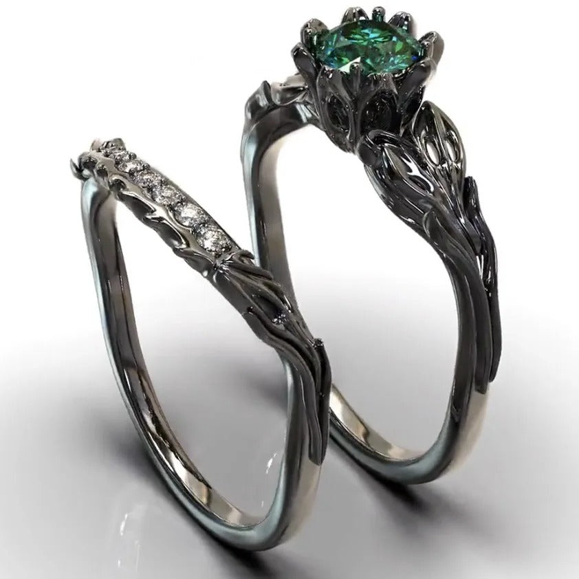 Fashion new women's two-piece ring electroplating gun black inlaid emerald casual commuting jewelry