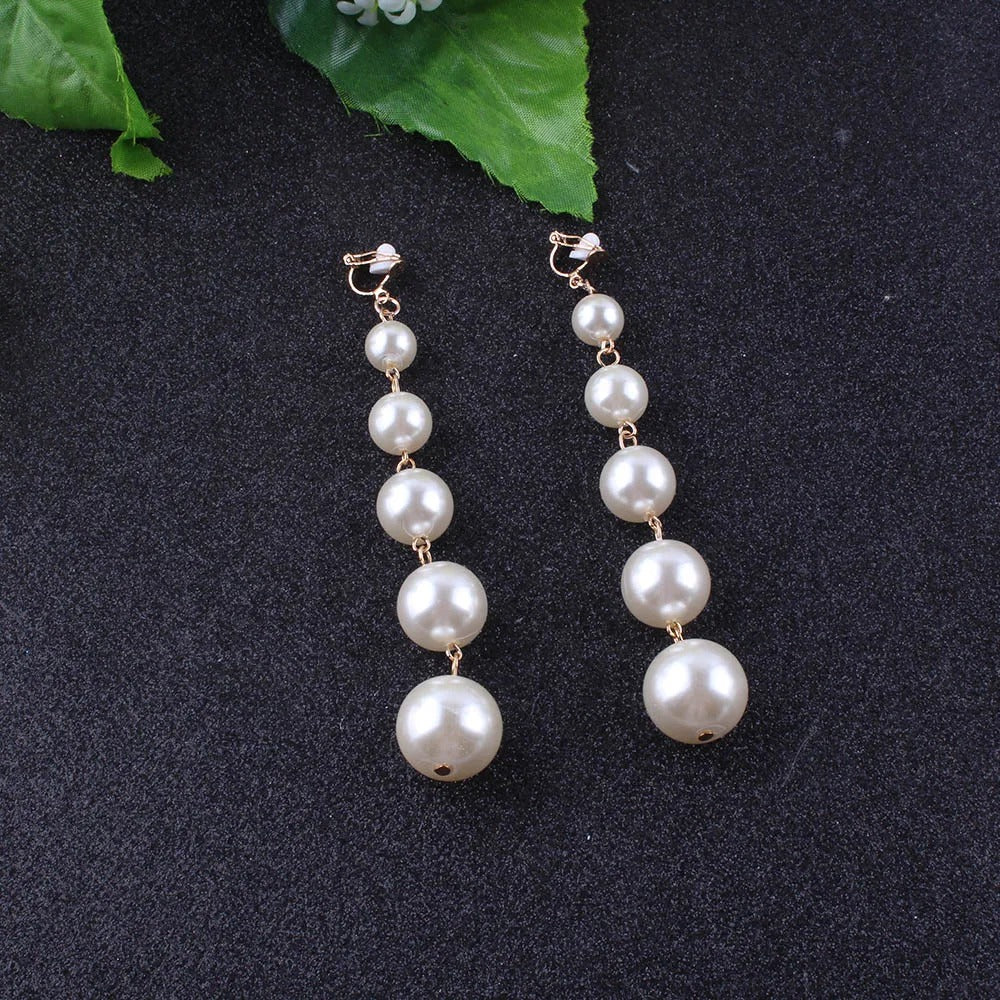 JIOFREE new design Trendy long Big Simulated Pearl Clip on Earrings Pearls String Statement Earrings For Wedding Party Gift