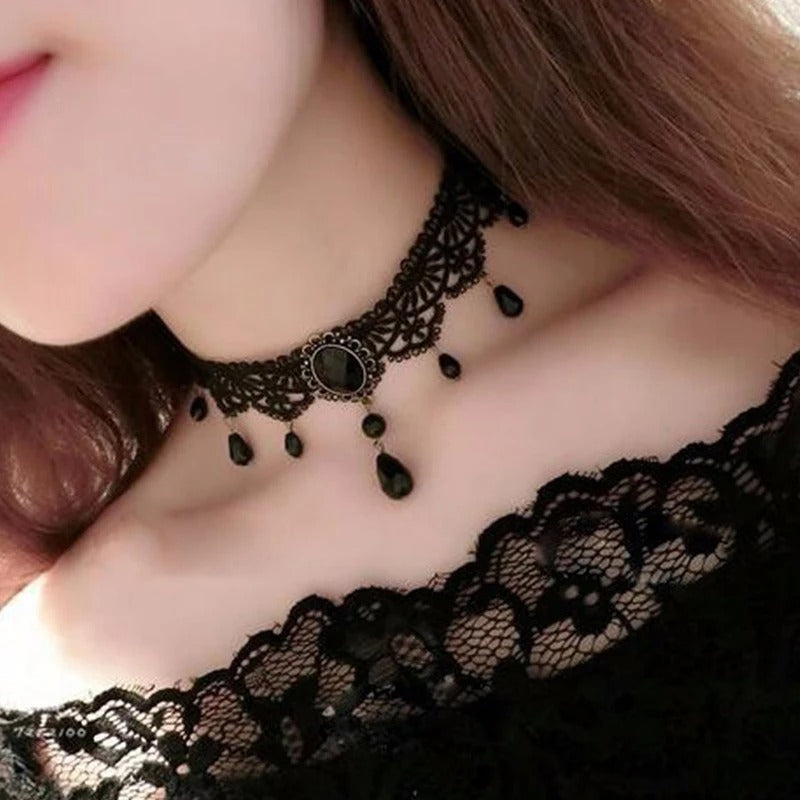 New Sexy Gothic Chokers Crystal Black Lace Neck Choker Necklace Vintage Victorian Women Choker Steampunk Jewelry