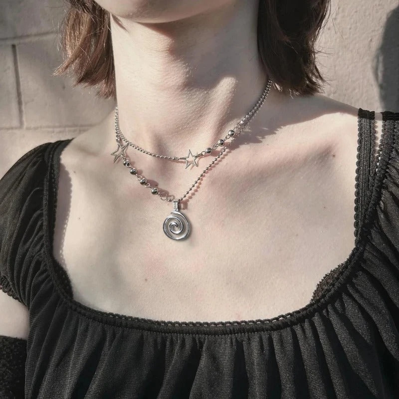 Stainless Steel Spiral Pendant Necklace, Layered Choker Star Charm Necklace, Grunge Y2K Cyber Fairycore Jewelry, Subversive Archive Alt Fashion Gift