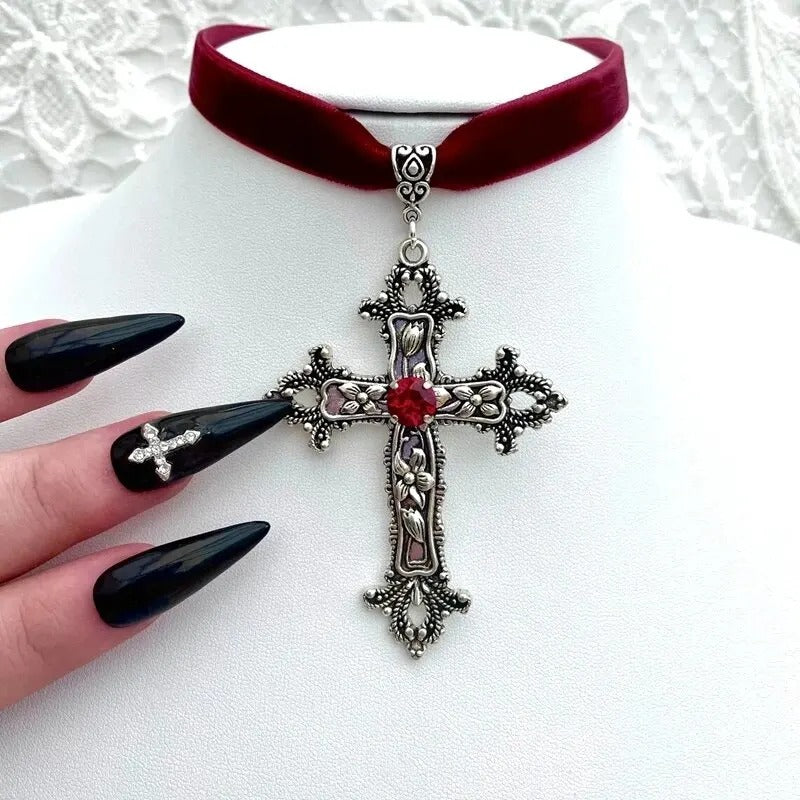Gothic Cross Shaped Black Velvet Necklace Elegant Women
