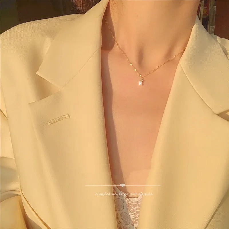 925 Sterling Silver French Small Square Diamond Pendant 14k Gold Plating Necklace Women Fashion Shiny Clavicle Chain Jewelry