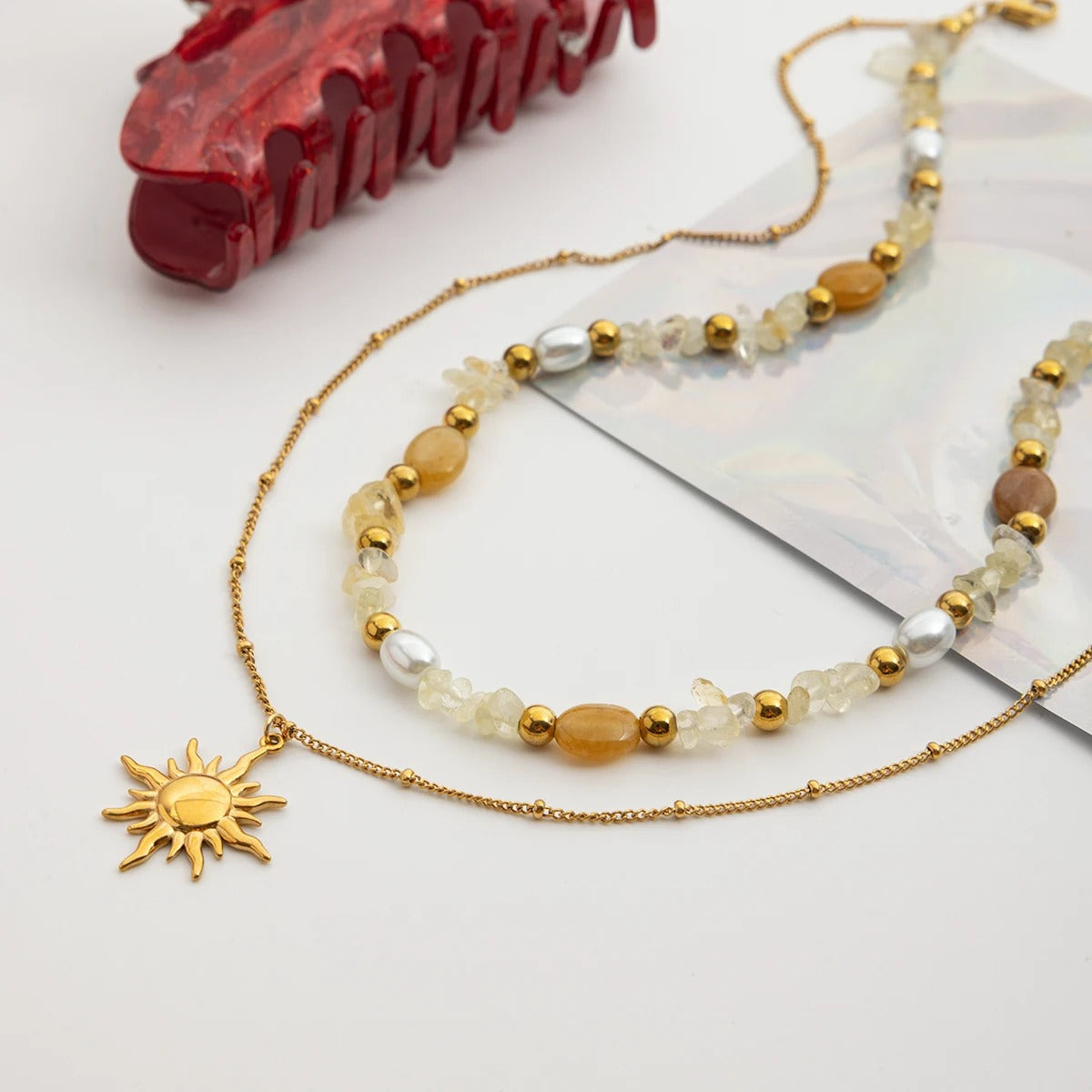 Women's Vacation Natural Stone Glass Pearl Beaded Necklace 18K Gold Plated Stainless Steel Sun Pendant Double Necklace