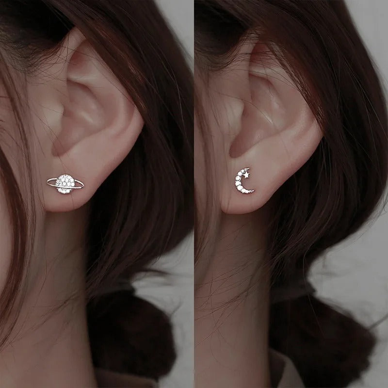 Simple Piercing Stud Earrings for Women Star Moon Zircon 925 Silver Needles Tragus Cartilage Asymmetry Pendiente Fine Jewelry
