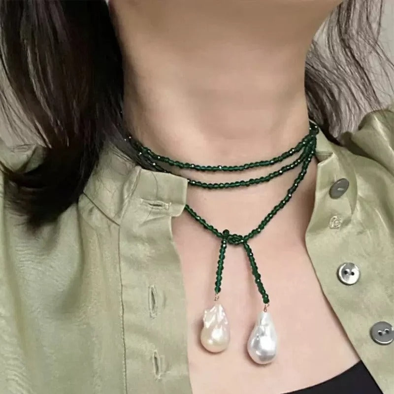 Irregular Baroque Pearl Pendant Necklace for Women Vintage Green Black Crystal Bead Long Necklace Neck Chain Jewelry