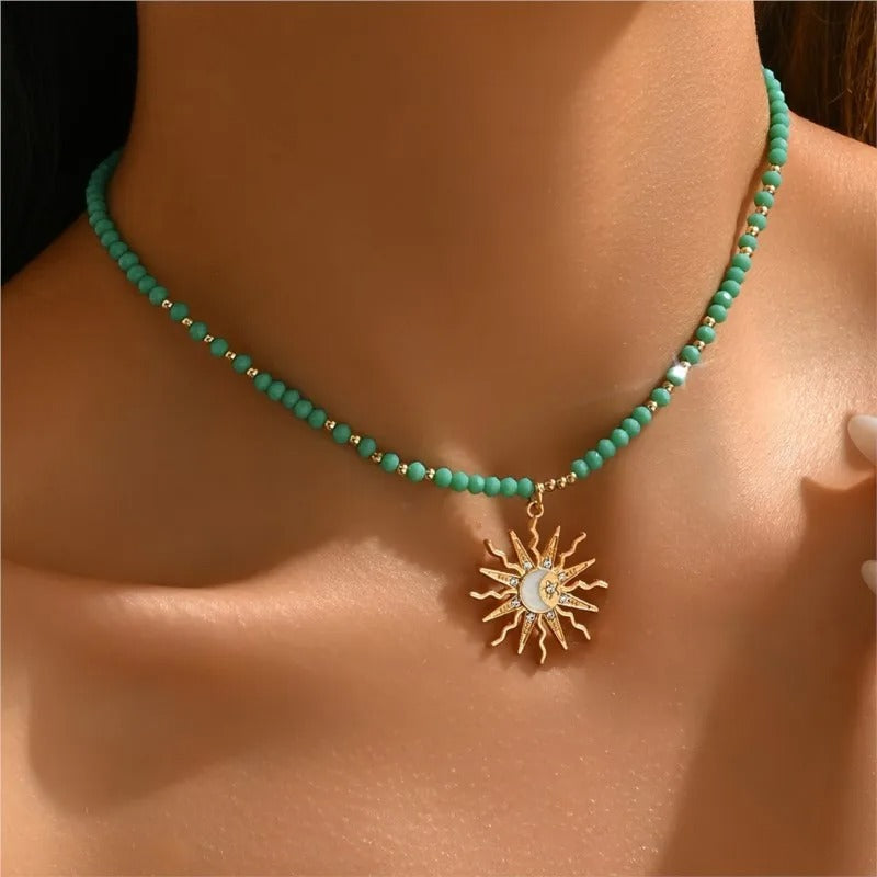 Vintage Golden-Toned Sun Pendant Necklace for Women Elegant Beads Chain Choker Neck Statement Party Jewelry Gifts