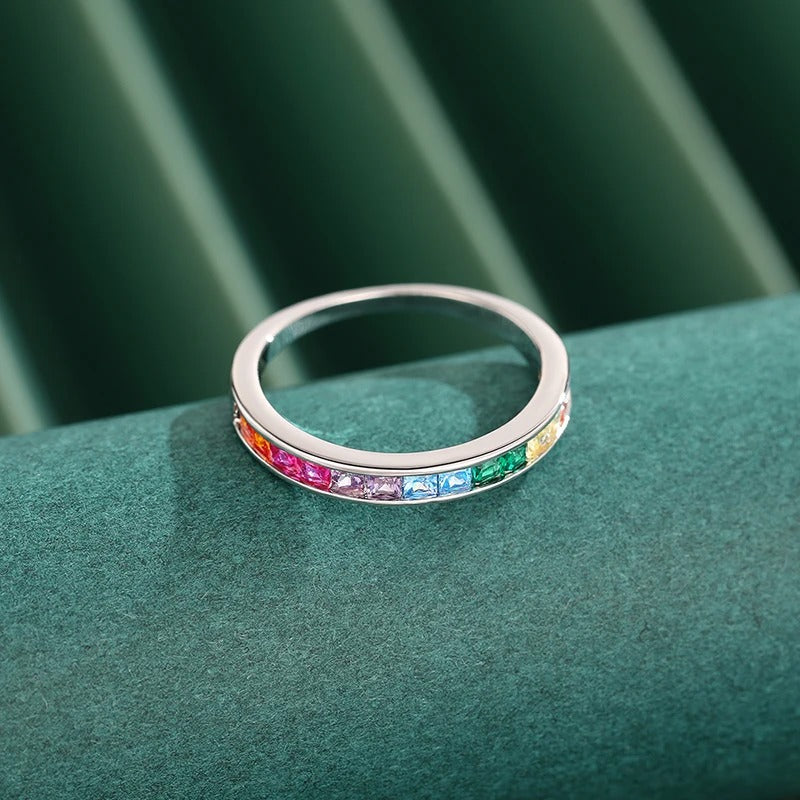 Bright Square Colorful Zirconia Thin Ring Fashion Finger Band Jewelry for Daily Life Versatile Stylish Accessories Gift
