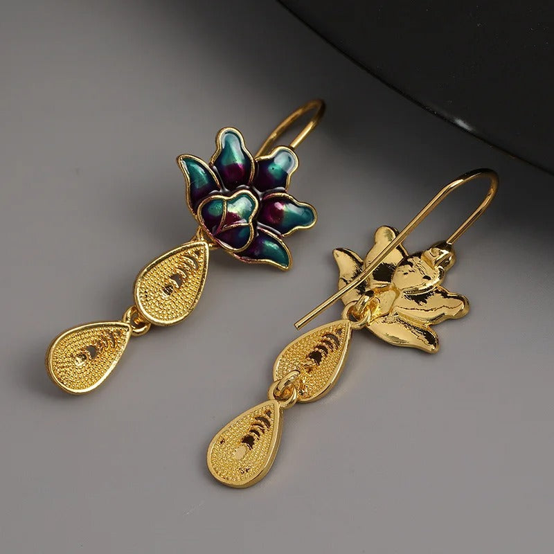 Blue Lotus Flower Drop Earrings for Women Gold Teardrop Statement Jewelry Gift