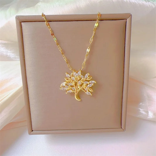 Fashionable and Gorgeous Micro Inlaid Stainless Steel Life Tree Necklace, Classic and Personalized Girl Party Lucky Gift