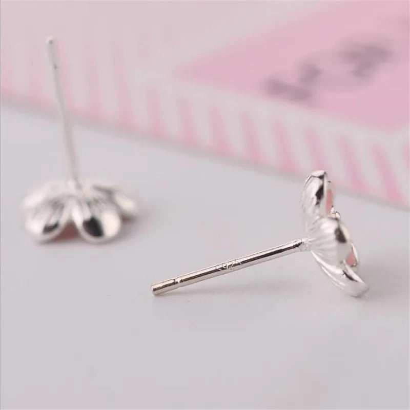 Cute Floral Sterling Silver Pink Crystal Stud Earrings for Women