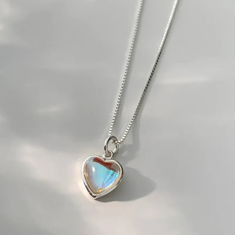 Heart Moonstone Necklace For Women Silver Color Gradient Gemstones Pendant Necklace Bead Chain Necklace Fashion Jewerly Gift