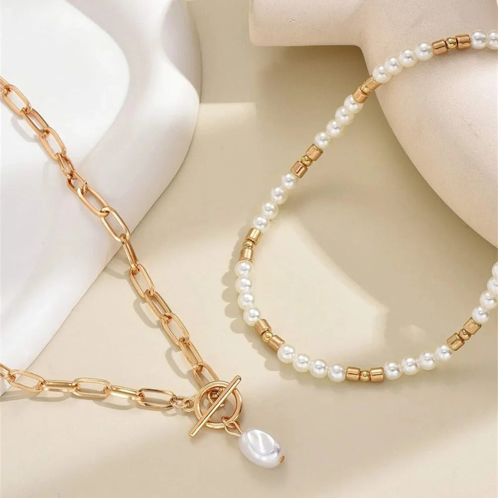 New Vintage Punk Metal Bead Chain Artificial Pearl Pendant Necklace For Women Boho Fashion Multilevel Jewelry Gift