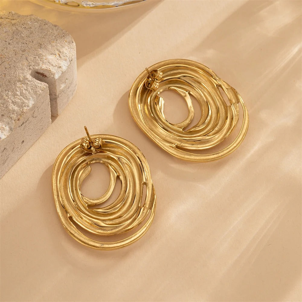 Exaggerated Gold Oval Line Stud Earrings Stainless Steel Party Jewelry for Women