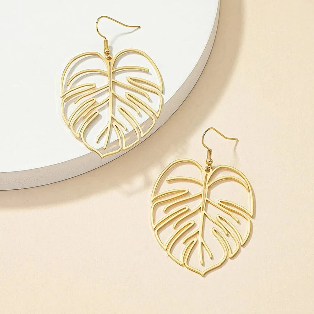 Stainless Steel  Hollow Exaggerated Leaf Dangle Drop Earring For Women Lady Geometric Female Jewelry