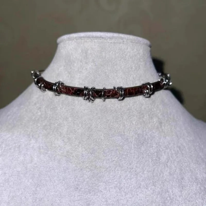 Gothic Brown Vintage Irregular Metal Circle Fine Leather Necklace Choker Sweet Cool Retro Leather Collar Choker Jewelry Y2K