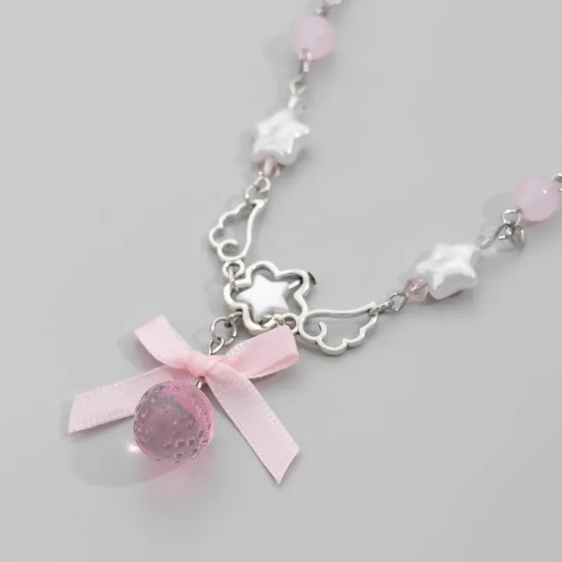 2025 New Cute Bowknot White Pentagram Pink Strawberry Pendant Choker Necklace Goth Vintage Y2K Girls Rave Jewelry Accessories